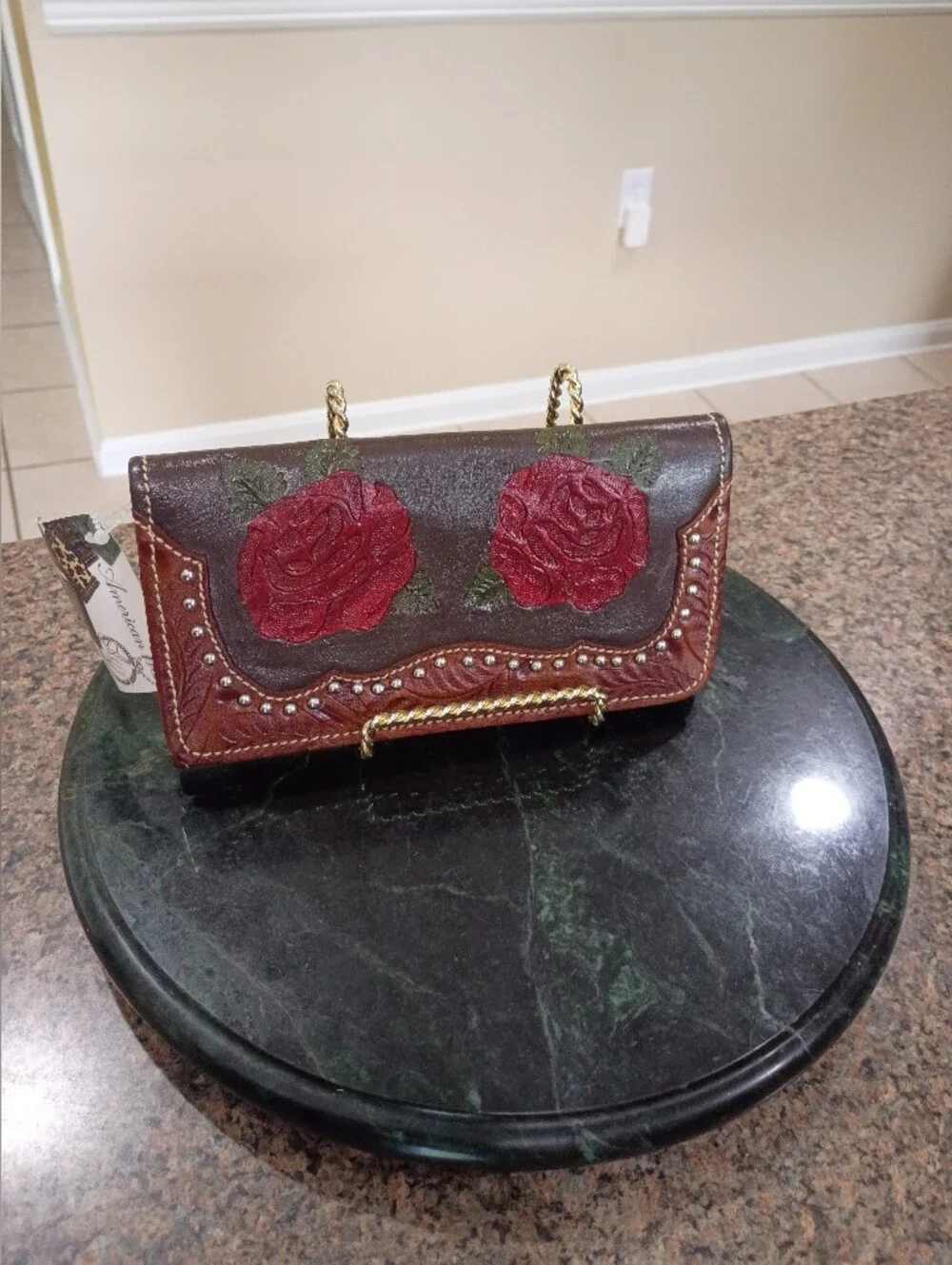 American West Handcrafted Brown Leather Clutch with Red Rose Embroidery